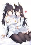  2girls aiguillette animal_ears arm_support arms_around_waist asymmetrical_bangs atago_(azur_lane) azur_lane bangs bed black_hair black_legwear blush breasts buttons closed_mouth couple double-breasted epaulettes extra_ears eyebrows_visible_through_hair female floppy_ears garter_straps gloves grin hair_ribbon heart highres hug jacket large_breasts long_hair long_sleeves looking_at_viewer military military_uniform miniskirt mole mole_under_eye multiple_girls neck on_bed pantyhose parted_lips pencil_skirt pleated_skirt ponytail ribbon seiza side_slit simple_background sitting skirt smile takao_(azur_lane) thighhighs uniform white_background white_gloves white_jacket white_ribbon white_skirt yellow_eyes yumaomi yuri zettai_ryouiki 
