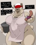  anthro apron balls bandanna big_penis breasts clothing dialogue dickgirl english_text erection erection_under_clothing hi_res huge_penis humanoid_penis intersex mammal nightfaux overweight overweight_dickgirl overweight_intersex penis precum solo standing text thick_thighs ursid 
