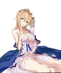 1girl aria_(schwarza97rw0rd) bare_shoulders blonde_hair blue_eyes breasts cleavage collarbone dress dress_lift europa_(granblue_fantasy) eyebrows_visible_through_hair flower granblue_fantasy hair_between_eyes hair_flower hair_ornament large_breasts looking_at_viewer open_mouth short_hair simple_background solo thighs tiara white_background white_dress 