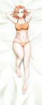  1girl absurdres alfred_cullado aqua_eyes armpits arms_behind_head barefoot bed_sheet blush bra breasts cleavage collarbone curly_hair dakimakura from_above full_body highres incredibly_absurdres large_breasts looking_at_viewer lying navel nora_valkyrie on_back on_bed orange_bra orange_hair orange_panties paid_reward panties patreon_reward rwby shiny shiny_hair short_hair solo sports_bra underwear underwear_only 