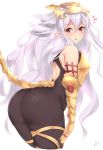  1girl ass backless_outfit bare_shoulders bodysuit gauntlets granblue_fantasy kuavera long_hair looking_at_viewer looking_back medusa_(shingeki_no_bahamut) parted_lips pointy_ears red_eyes signature simple_background solo thighs white_background white_hair 