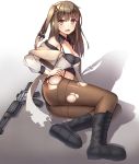 1girl black_footwear black_shorts boots breasts brown_eyes brown_hair brown_legwear cleavage collarbone detached_collar frontera girls_frontline hair_ornament hand_on_hip highres k-2_(girls_frontline) long_hair looking_at_viewer lying medium_breasts midriff navel on_side open_mouth pantyhose shiny shiny_hair short_shorts shorts side_ponytail simple_background solo stomach sweatdrop torn_clothes torn_legwear white_background wing_collar 