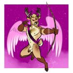  1:1 2019 anthro antlers balls beard bgn biceps blonde_hair body_hair bow_(weapon) bulky_buck cervid cervine chest_hair cloven_hooves facial_hair feathered_wings feathers flaccid hair hi_res holidays hooves horn humanoid_penis male mammal muscular muscular_male navel nipple_piercing nipples pecs penis piercing ranged_weapon sash smile solo tattoo uncut valentine&#039;s_day weapon wings 