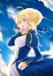  1girl ahoge artoria_pendragon_(all) ayame_chiyo blonde_hair blue_sky braided_bun breasts cleavage cloud day eyebrows_visible_through_hair fate/stay_night fate_(series) from_side green_eyes hair_between_eyes hand_in_hair highres long_sleeves medium_breasts open_mouth outdoors profile saber shiny shiny_hair short_hair shrug_(clothing) sidelocks sky solo standing 