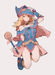  1girl bare_legs bare_shoulders blonde_hair blue_eyes blue_footwear blush boots choker dark_magician_girl duel_monster full_body hair_between_eyes hand_on_headwear hat holding jiayue_wu long_hair looking_at_viewer off_shoulder parted_lips pentacle simple_background smile solo wand white_background wizard_hat yu-gi-oh! yuu-gi-ou yuu-gi-ou_duel_monsters 