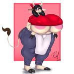  absurd_res apron areola bessie_(sssonic2) big_breasts big_butt black_hair bovid bovine breasts butt cattle clothing female hair hi_res horn huge_breasts huge_butt jeans mammal overweight pants redmoon83 shirt thick_thighs topwear waiter wide_hips 