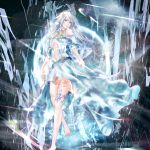  1girl absurdres barefoot blue_eyes breasts cleavage dress hair_between_eyes hair_ornament highres huge_filesize long_dress long_hair looking_at_viewer medium_breasts midriff navel open_mouth original sash silver_hair solo standing stomach tanikku thigh_strap white_dress 