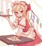  1girl alternate_costume apron back_bow bangs blonde_hair blush bow crystal enmaided eyebrows_visible_through_hair flandre_scarlet frilled_apron frilled_shirt frilled_shirt_collar frilled_skirt frilled_sleeves frills hair_bow holding holding_plate looking_at_viewer maid maid_headdress one_side_up open_mouth plate puffy_short_sleeves puffy_sleeves red_bow red_eyes red_skirt red_vest shirt short_hair short_sleeves skirt solo sorani_(kaeru0768) star_(symbol) touhou v-shaped_eyebrows vest waist_apron white_apron white_background white_bow white_shirt wings wiping_table wrist_cuffs 