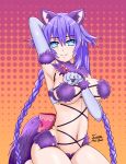  1girl alternate_costume animal_ear_fluff animal_ears arched_back arm_up armpit_crease armpits back_bow bangs bare_legs barefoot between_breasts blue_eyes bow braid breasts breasts_apart choujigen_game_neptune claws closed_mouth commentary_request cosplay cross-laced_clothes crossover dangerous_beast disconnected_mouth elbow_gloves expirednepbull fang fang_out fate/grand_order fate_(series) fur-trimmed_gloves fur_collar fur_trim gloves gold_trim groin hair_ornament half-closed_eyes halftone halftone_background hand_between_breasts hand_up highres kemonomimi_mode large_bow large_breasts lavender_gloves long_hair looking_at_viewer mash_kyrielight mash_kyrielight_(cosplay) navel neptune_(series) o-ring open_mouth paw_pose pink_bow power_symbol power_symbol-shaped_pupils purple_fur purple_hair purple_heart purple_tail revealing_clothes sideboob signature smile solo symbol-shaped_pupils tail twin_braids two-tone_background underboob very_long_hair wolf_ears wolf_girl wolf_tail 
