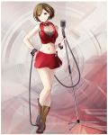  1girl absurdres bare_shoulders boots bra brown_eyes brown_hair cable commentary crop_top full_body hand_on_hip highres holding_microphone_stand meiko microphone midriff miniskirt navel official_style red_skirt short_hair skirt smile solo underwear vocaloid wrist_straps yen-mi zipper_skirt 