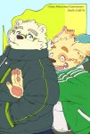  2019 anthro blush canid canine canis clothing cusith domestic_dog duo english_text eyes_closed eyewear glasses humanoid_hands leib_(tas) male mammal noko_illust overweight overweight_male polar_bear scarf simple_background smoking sweater text tokyo_afterschool_summoners ursid ursine video_games 