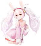  1girl animal_ears azur_lane bangs bare_shoulders blush breasts broche_(timpet) bunny_ears character_name cleavage closed_mouth collarbone cowboy_shot eyebrows_visible_through_hair fake_animal_ears frown hair_between_eyes hairband hand_up highres jacket jacket_pull laffey_(azur_lane) long_hair long_sleeves looking_at_viewer miniskirt off_shoulder open_clothes open_jacket orange_eyes pink_hairband pink_skirt pleated_skirt pulled_by_self purple_jacket shirt simple_background skirt sleeves_past_wrists solo strap_slip tank_top twintails white_background white_hair white_shirt 