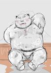  2018 anthro bathing belly blush ebar eyes_closed male mammal moobs navel overweight overweight_male sitting solo tachiuo teeth towel ursid wet 