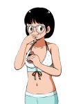  1girl 49s-aragon bangs bikini_top black_hair blush brown_eyes cowboy_shot eating food glasses grey-framed_eyewear hand_up ice_cream ice_cream_sandwich licking_lips looking_at_viewer navel original short_hair simple_background solo tongue tongue_out white_background 