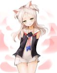  1girl american_flag american_flag_print animal_ear_fluff animal_ears arm_behind_back azur_lane black_gloves blush broche_(timpet) cat_ears closed_mouth collarbone cowboy_shot dress elbow_gloves fingerless_gloves flag_print furrowed_eyebrows gloves green_eyes hand_on_own_chest hand_up head_tilt long_hair neckerchief short_dress sims_(azur_lane) sleeveless sleeveless_dress smile solo straight_hair thigh_gap white_dress white_hair 