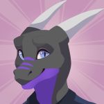  2019 anthro black_scales blue_eyes blue_scales clothed clothing digital_media_(artwork) dragon feve front_view headshot_portrait horn looking_at_viewer male multicolored_scales portrait purple_background scales scalie simple_background slit_pupils smile solo tero_neit two_tone_scales white_horn 