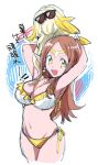  1girl arms_up bidarian bikini bird brown_hair chronoa dragon_ball dragon_ball_heroes earrings glasses highres jewelry long_hair looking_at_viewer pink_skin pointy_ears smile swimsuit yellow_bikini yellow_eyes 