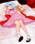  aturou0129 bad_id bad_pixiv_id blue_hair highres lying mary_janes on_back red_eyes remilia_scarlet ribbon shoe_dangle shoes short_hair solo stuffed_animal stuffed_toy teddy_bear touhou 