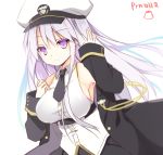  1girl azur_lane bangs black_jacket black_neckwear black_skirt breasts closed_mouth collared_shirt enterprise_(azur_lane) eyebrows_visible_through_hair hair_between_eyes hands_up hat jacket large_breasts long_hair long_sleeves military_hat necktie off_shoulder open_clothes open_jacket peaked_cap purinko purple_eyes purple_hair shirt short_necktie simple_background skirt sleeveless sleeveless_shirt sleeves_past_wrists smile solo very_long_hair white_background white_hat white_shirt 