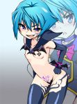  1girl ahoge black_eyes blue_hair blush breasts corruption dark_persona elbow_gloves fang gloves heart heart-shaped_pupils looking_at_viewer magical_girl midori_(bar_midori) nipple_piercing nipples open_mouth piercing pubic_tattoo short_hair small_breasts smile solo symbol-shaped_pupils tattoo 