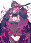 1girl absurdres bare_shoulders blazblue blazblue:_central_fiction breasts cape cleavage cowboy_shot erinashi_kin eyebrows_visible_through_hair gloves hair_between_eyes hair_over_one_eye hat highres konoe_a_mercury long_hair looking_at_viewer medium_breasts open_mouth pink_hair red_hair simple_background smile solo standing thighhighs white_background witch witch_hat yellow_eyes 