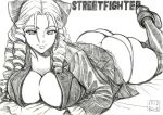  1girl ankle_boots antenna_hair artist_name ass boots bow breasts butt_crack cleavage commentary_request copyright_name graphite_(medium) greyscale hair_bow huge_breasts jacket kanzuki_karin leg_up looking_at_viewer lying monochrome no_bra on_stomach ringlets sketch skidrow smile solo street_fighter street_fighter_v the_pose thick_thighs thighhighs thighs traditional_media 