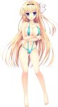  1girl aqua_swimsuit barefoot blonde_hair blue_eyes blush braid breasts eyebrows_visible_through_hair full_body gluteal_fold hair_ornament hairband hairclip halterneck haruoto_alice_gram highres kuonji_kazuha_(harugura) large_breasts long_hair looking_at_viewer mitha navel official_art one_side_up open_mouth solo swimsuit transparent_background 