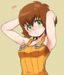  1girl breasts brown_hair commentary_request curly_hair final_fantasy final_fantasy_viii flipped_hair green_eyes highres hiru_made_ne-tarou looking_at_viewer selphie_tilmitt short_hair simple_background solo sweat yellow_overalls 