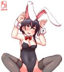  1girl alternate_costume animal_ears artist_logo asymmetrical_hair black_hair black_leotard bow bowtie brown_eyes bunny_ears bunny_pose bunny_tail bunnysuit cameltoe commentary_request covered_navel dated detached_collar grey_legwear hair_between_eyes highres i-13_(kantai_collection) kanon_(kurogane_knights) kantai_collection leotard looking_at_viewer open_mouth red_neckwear round_teeth short_hair simple_background solo squatting strapless strapless_leotard tail teeth thighhighs tsurime upper_teeth white_background 