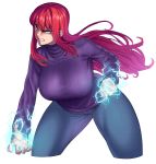  1girl bared_teeth biriri-ane_(space_jin) breasts clenched_hand cropped_legs denim electricity highres huge_breasts jeans leaning_forward long_hair original pants powering_up purple_sweater red_hair ribbed_sweater solo space_jin sweater thick_thighs thighs tsurime turtleneck yellow_eyes 