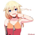  artist_name bare_shoulders benibasami blonde_hair blue_eyes blush braid cevio collarbone commentary_request detached_sleeves dress finger_in_mouth grimace jewelry looking_at_viewer medium_hair multicolored_hair necklace one_(cevio) orange_dress orange_hair simple_background single_braid two-tone_hair upper_body white_background zipper 