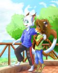  absurd_res brown_eyes clothing couple_(disambiguation) domestic_cat felid feline felis female fur galo green_eyes hi_res male mammal open_mouth pantherine smile tiger tree village white_fur 