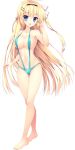  1girl aqua_swimsuit barefoot blonde_hair blue_eyes braid breasts eyebrows_visible_through_hair full_body hair_ornament hairband hairclip halterneck hand_to_head haruoto_alice_gram highres kuonji_kazuha_(harugura) large_breasts long_hair mitha navel o-ring o-ring_swimsuit official_art one_side_up open_mouth solo swimsuit thigh_gap transparent_background 