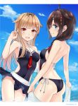  2girls :d adapted_costume ahoge alternate_costume arm_up ass back ball bangs bare_shoulders beach black_ribbon blonde_hair blue_eyes blue_sky blush braid breasts brown_hair casual_one-piece_swimsuit closed_mouth cloud collarbone commentary_request covered_navel day eyebrows_visible_through_hair from_side gluteal_fold groin hair_between_eyes hair_flaps hair_ornament hair_over_shoulder hair_ribbon hairclip halter_top halterneck harukana_(harukana_10) holding holding_ball holding_towel kantai_collection long_hair looking_at_viewer medium_breasts multiple_girls ocean one-piece_swimsuit open_mouth outdoors red_eyes red_neckwear remodel_(kantai_collection) ribbon sand shigure_(kantai_collection) shoulder_blades side-tie_swimsuit single_braid skindentation sky smile standing swimsuit towel v water water_drop yuudachi_(kantai_collection) 