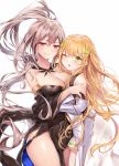 2girls bangs blonde_hair blush breasts brown_hair detached_collar detached_sleeves dress elbow_gloves eyebrows_visible_through_hair gauntlets gloves green_eyes hair_between_eyes hair_ornament highres hip_armor hug large_breasts long_hair looking_at_viewer multiple_girls novel_illustration one_eye_closed open_mouth original pleated_skirt ponytail profile red_eyes skirt smile strapless strapless_dress sukemyon white_background 