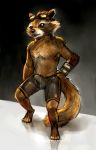  anthro bottomwear brown_fur bulge cheetahpaws clothed clothing eyewear full-length_portrait fur goggles guardians_of_the_galaxy hi_res male mammal marvel penis_outline portrait procyonid raccoon rocket_raccoon shorts simple_background solo standing topless whiskers 