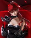  1girl artist_name bare_shoulders black_jacket blush bow breasts chains choker cleavage gloves jacket leotard long_hair looking_at_viewer mask matching_hair/eyes medium_breasts patreon_username persona persona_5 persona_5_the_royal ponytail red_eyes red_gloves red_hair sakimichan signature simple_background smile solo upper_body watermark web_address yoshizawa_kasumi 