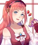  1girl absurdres bandanna blue_eyes felicia_(fire_emblem_if) fingerless_gloves fire_emblem fire_emblem_heroes fire_emblem_if food fruit gloves highres holding kowarisan long_hair long_sleeves nintendo open_mouth pink_hair sandwich simple_background solo strawberry upper_body 