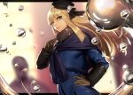  1girl black_headwear blonde_hair blue_coat blue_eyes brown_gloves chains closed_mouth coat commentary_request fate/grand_order fate_(series) flower fringe_trim fur-trimmed_sleeves fur_trim gloves hair_between_eyes hair_flower hair_ornament hand_on_hip hand_up hat highres long_hair looking_at_viewer lord_el-melloi_ii_case_files mini_hat peperon_(peperou) reines_el-melloi_archisorte rose scarf smile solo volumen_hydragyrum white_flower white_rose 