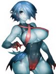  1girl alternate_form aqua_(kingdom_hearts) areola_slip areolae black_swimsuit blue_eyes blue_hair blue_skin breastless_clothes breasts cameltoe claws commentary contrapposto cowboy_shot erect_nipples fins fish_girl full_body fumio_(rsqkr) gradient_fingers gradient_swimsuit head_fins highres kingdom_hearts large_breasts monster_girl monsterification one-piece_swimsuit pointy_ears sharp_teeth short_hair simple_background sleeveless smile solo swimsuit teeth white_background 