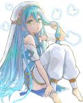  1girl absurdres anklet aqua_(fire_emblem_if) ass blue_hair elbow_gloves fire_emblem fire_emblem_heroes fire_emblem_if gloves highres jewelry long_hair looking_at_viewer nintendo open_mouth peppedayo_ne solo thighhighs yellow_eyes younger 