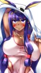  1girl animal_ears arm_up armpits bangs blush breasts cleavage covered_navel dark_skin earrings eyebrows_visible_through_hair facial_mark fate/grand_order fate_(series) hairband highres jackal_ears jewelry large_breasts long_hair looking_at_viewer nitocris_(fate/grand_order) nitocris_(swimsuit_assassin)_(fate) one-piece_swimsuit purple_eyes purple_hair shimeno_puni simple_background smile solo swimsuit white_background 