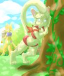 absurd_res ass_up blush bottomless clothed clothing domestic_cat felid feline felis female food fruit galo hi_res male male/female mammal penis plant pose tree 