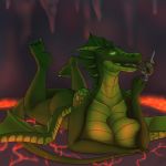  1:1 anthro big_breasts breasts butt cave claws dragon female hi_res lava lying nail on_chest on_front open_mouth quake saliva smile solo suggestive testowepiwko tongue tongue_out unusual_pupils wings 