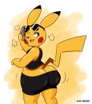  2019 big_booty_pikachu big_butt black_nose bottomwear breath brown_eyes butt cheek_spots clothing digital_media_(artwork) eyewear fur glasses hi_res huge_butt joaoppereiraus looking_back male nintendo one_eye_closed open_mouth panting pants pikachu pok&eacute;mon pok&eacute;mon_(species) red_cheeks scarf seductive simple_background slightly_chubby smile solo sweat tight_bottomwear tight_clothing tight_pants video_games yellow_background yellow_fur 