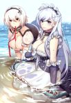  2girls all_fours apron azur_lane bare_shoulders belfast_(azur_lane) blue_eyes bob_cut breasts cleavage detached_sleeves gloves hair_ornament hair_ribbon jewelry large_breasts long_hair looking_at_viewer maid maid_apron maid_headdress multiple_girls neck_ring parted_lips partially_submerged red_eyes ribbon short_hair silver_hair sirius_(azur_lane) sitting streya water wet wet_clothes white_hair 