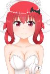  1girl absurdres bare_shoulders bat_hair_ornament blush breasts bridal_veil cleavage dress eyebrows_visible_through_hair eyelashes flower gabriel_dropout gloves grabbing_another&#039;s_hand hair_between_eyes hair_ornament highres jewelry kurumizawa_satanichia_mcdowell looking_at_viewer looking_at_you medium_breasts poa_mellhen proposal red_eyes red_hair ring rose smile upper_body veil wedding_dress wedding_ring white_dress white_flower white_gloves white_rose 