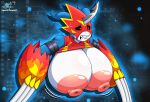  2019 absurd_res anthro areola big_areola big_breasts breast_expansion breasts clothing cornchip21 cricket-inc crossgender digimon digimon_(species) digital_media_(artwork) dragon female flamedramon hi_res huge_breasts hyper hyper_breasts nipples scalie solo 
