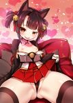  1girl absurdres akagi-chan_(azur_lane) akagi_(azur_lane) animal_ears azur_lane bell black_legwear black_panties blush breasts breasts_outside brown_hair collarbone commentary_request eyebrows_visible_through_hair fang fox_ears fox_girl fox_tail hair_bell hair_ornament hakama_skirt harigane_shinshi highres japanese_clothes jingle_bell kimono kimono_pull lifted_by_self long_sleeves looking_at_viewer multiple_tails nipples open_mouth panties partially_visible_vulva pleated_skirt red_eyes red_skirt shiny shiny_skin sidelocks skirt skirt_lift small_breasts smile solo spread_legs tail thick_thighs thighhighs thighs twintails underwear wide_sleeves younger 