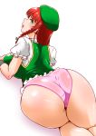  1girl ass ass_focus beret blush braid breast_press breasts green_eyes hat highres hong_meiling large_breasts long_hair looking_at_viewer looking_back lying no_pants on_stomach open_mouth panties puffy_short_sleeves puffy_sleeves red_hair shadow shiraue_yuu short_sleeves sideways_mouth simple_background solo thighs touhou undershirt underwear white_background 